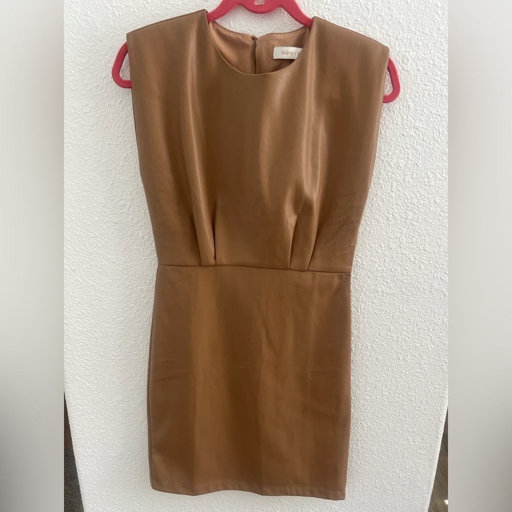 Bishop + Young Tan Pleated Faux Leather Mini Dress